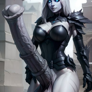 fallflour, stable diffusion, 1futa, 1girls, armor, armored female, armored gloves, balls, ballsack, big breasts, black armor, black balls, black horn, black horns, black sclera