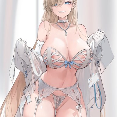 blue archive, asuna (blue archive), dishwasher1910, 1girls, blonde hair, blue eyes, bra, breasts, female, hair over one eye, huge breasts, light skin, light-skinned female, lingerie, long hair