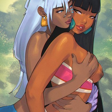 atlantis: the lost empire, disney, dreamworks, the road to el dorado, chel, kida, cinnabarbie, 2girls, big breasts, big lips, black hair, blue eyes, breast grab, breasts, clothed