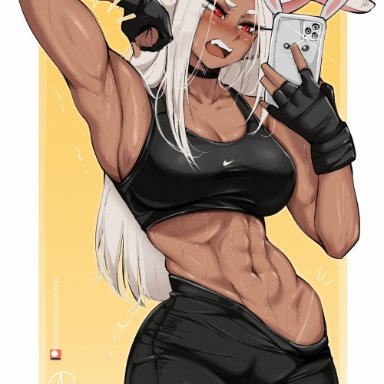 my hero academia, miruko, rumi usagiyama, almualim, 1girls, abs, booty shorts, breasts, female, large breasts, light skin, light-skinned female, long hair, rabbit ears, red eyes