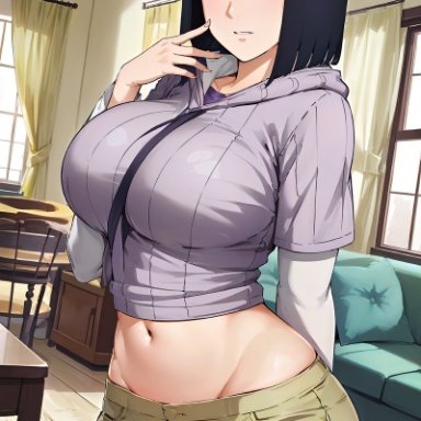 naruto, hyuuga hinata, 1girls, big breasts, busty, child bearing hips, hoodie, large breasts, legs, mature, mature female, mature woman, midriff, milf, navel