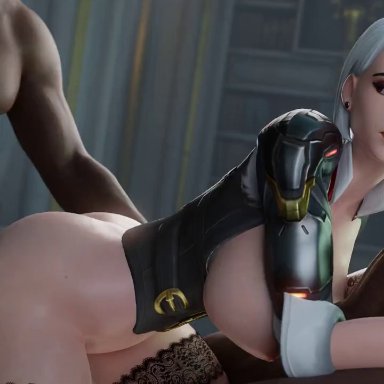 blizzard entertainment, overwatch, ashe (overwatch), aphy3d, 1girls, 2boys, ass, big ass, big breasts, big penis, blender, breasts, bubble butt, doggy style, fat ass