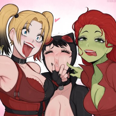 dc, dc comics, catwoman, harley quinn, pamela isley, poison ivy, selina kyle, afrobull, cleavage, closed eyes, clothed, clothing, eyelashes, green skin, selfie