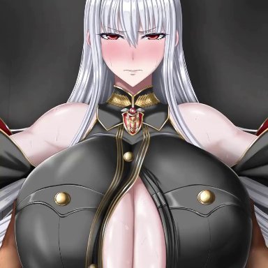 valkyria chronicles, selvaria bles, juno (artist), 1boy, 1girls, alternate breast size, angry, big breasts, blush, boob window, bouncing breasts, breast hold, breasts, bursting breasts, button gap