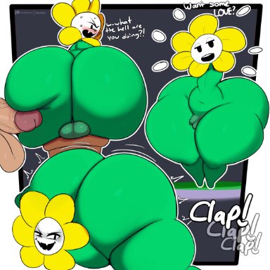 undertale, flowey the flower, inuzu, 2boys, ass, ass clapping, balls, big ass, blush, clapping cheeks, dat ass, dumptruck ass, fat ass, femboy, flower