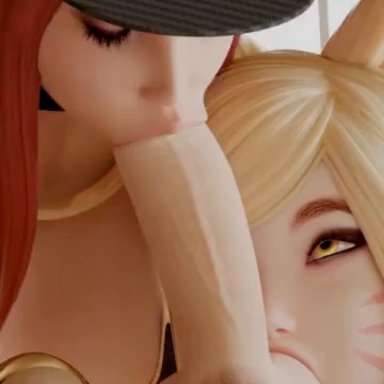 league of legends, riot games, ahri, tails, 9 tails, alternate hairstyle, alternative costume, animal ear fluff, animal ears, animal girl, ball sucking, big breasts, blonde hair, bodily fluids, breasts
