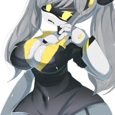 murder drones, j (murder drones), mikatsu27, annoyed, belly button, black bow, breasts, curvy, fangs, female only, grey hair, looking at viewer, medium breasts, ponytail, robot