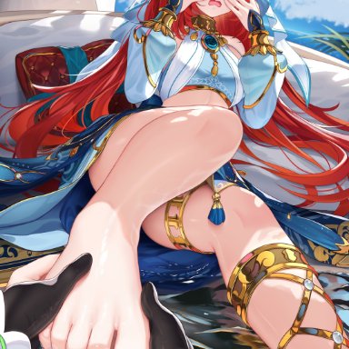 genshin impact, lumine (genshin impact), nilou (genshin impact), nekoda (maoda), 2girls, 5 toes, anklet, barefoot, blue nails, blue sky, breasts, circlet, cloud, feet, female