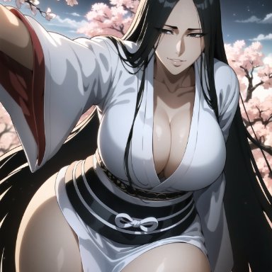 bleach, unohana retsu, unohana yachiru, nai diffusion, stable diffusion, black hair, center opening, cowboy shot, davincifachera, hair down, kimono, light skin, light-skinned female, loose hair, mature