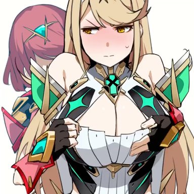 xenoblade chronicles (series), xenoblade chronicles 2, mythra, mythra (xenoblade), pyra, pyra (xenoblade), bakkanki, 2girls, assisted exposure, bare shoulders, blonde hair, blush, bouncing breasts, breast drop, breasts
