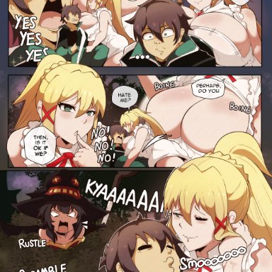 darkness (konosuba), megumin, satou kazuma, orphen (pink seito), pinkseito, 1boy, 2girls, angry face, apron, apron only, ballistics, big breasts, blonde hair, boing, breasts against back