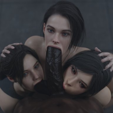 resident evil, ada wong, claire redfield, jill valentine, stefb3, 1boy, 3girls, collaborative fellatio, dark-skinned male, fellatio, huge cock, looking at viewer, sucking testicles, 3d