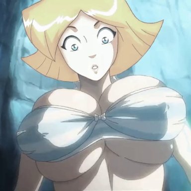 seikon no qwaser, totally spies, clover (totally spies), bloodyblender, blonde hair, breast expansion, bursting breasts, happy, huge breasts, large breasts, nipples, outside, short hair, surprised, animated