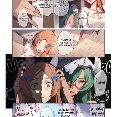 bleach, arrancar, inoue orihime, nelliel tu odelschwanck, gainoob, 2girls, about to be raped, animal ears, barefoot, big breasts, breasts, cat ears, catgirl, center opening, clothing