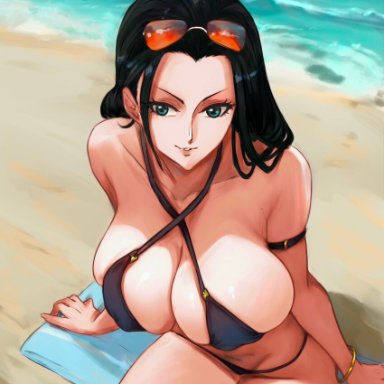 one piece, nico robin, shinjinou, aqua eyes, arm support, armlet, bikini, black hair, bracelet, breasts, cleavage, criss-cross halter, eyewear on head, female, from above