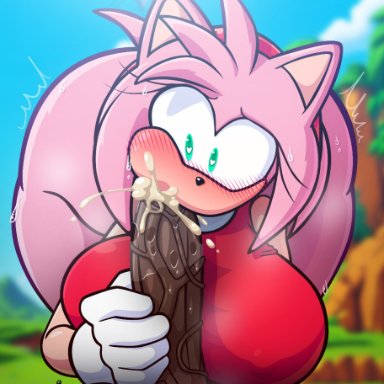 sonic (series), amy rose, jhostin38654, snesti, big ass, big breasts, big nipples, big penis, blowjob, clothed, cum, dark skin, dark-skinned male, female, huge ass