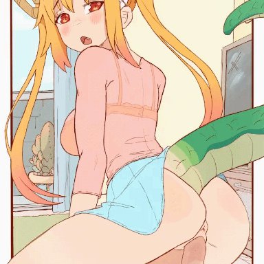 miss kobayashi's dragon maid, tohru (dragon maid), litsilium, air conditioner, animal humanoid, anus, ass, bangs, belly, blonde hair, blush, blush lines, bodily fluids, bottomwear, bouncing