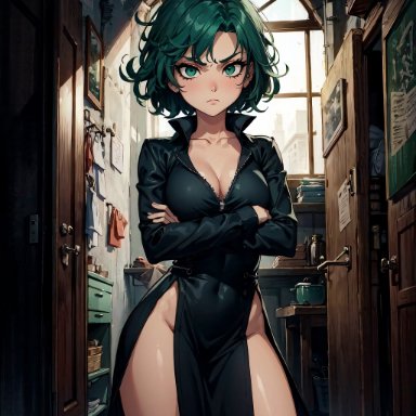 one-punch man, tatsumaki, vertiloart, 1girls, crossed arms, green eyes, green hair, short hair, solo, standing, wavy hair, ai generated, tagme