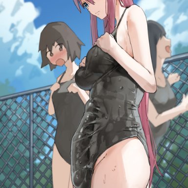 bocchi the rock!, gotou hitori, uuuron cha, 3girls, black hair, black one-piece swimsuit, blue sky, blush, breasts, bulge, closed mouth, cloud, covered penis, cube hair ornament, day
