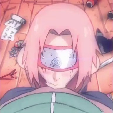 naruto, naruto (series), naruto shippuden, sakura haruno, audionoob, d-art, 1boy, 1girls, alternate hairstyle, arms behind back, blindfold, blindfolded, blowjob, blush, blush lines