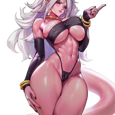 dragon ball, dragon ball fighterz, android 21, android 21 (evil), sayanestia, 1girls, athletic female, female focus, g-string, huge breasts, latex, long hair, looking at viewer, pink body, seductive
