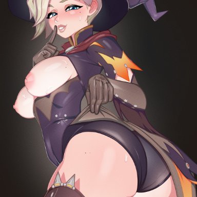 overwatch, angela ziegler, mercy, witch mercy, minicop2001, 1girls, areolae, blonde hair, female focus, female only, looking back, nipple bulge, pink nipples, seductive, seductive look