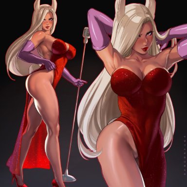 1girls, big breasts, blonde hair, breasts, cleavage, cosplay, dandon fuga, disney, dress, exposed pussy, female, female only, flashing pussy, high heels, jessica rabbit (cosplay)