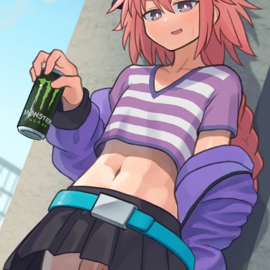 fate (series), fate/grand order, monster energy, monster energy drink, astolfo (fate), bokky0w0, 1boy, androgynous, belly, belly button, braid, canon crossdressing, crossdressing, erection, femboy