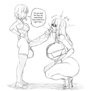 original character, makinakid, dickgirl, erection, fellatio, female, futa on female, futanari, glasses, high heels, huge balls, huge breasts, huge cock, kneeling, long hair