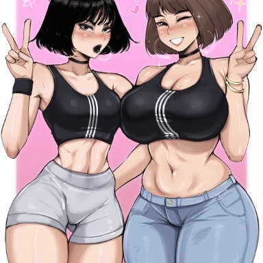 original, kim sohee (almualim), original character, yuna (almualim), almualim, 2girls, black hair, breast size difference, breasts, brown hair, female, huge breasts, jeans, light skin, light-skinned female