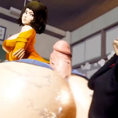 persona 5, original character, sadayo kawakami, prevence, unski113d, 1futa, 2girls, assquake, bouncing ass, buttjob, classroom, crumbling, cum, debris, dust particles