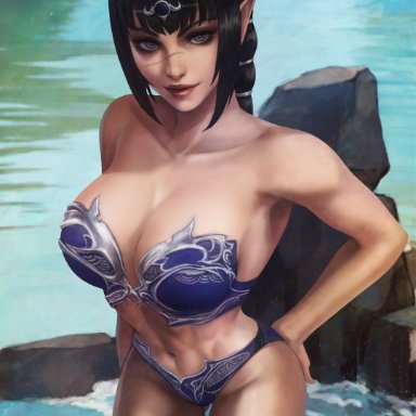 baldur's gate, baldur's gate 3, shadowheart, monorirogue, 1girls, abs, armor, big breasts, black hair, bottomwear, breastplate, breasts, cleavage, curvy, elf