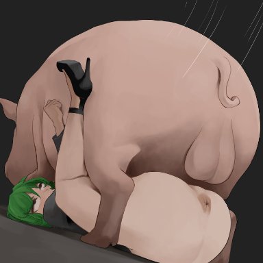 one (manga), one-punch man, tatsumaki, cheezebawls, animal genitalia, animal penis, anus, balls, clothing, domestic pig, dress, duo, eye roll, female, female penetrated