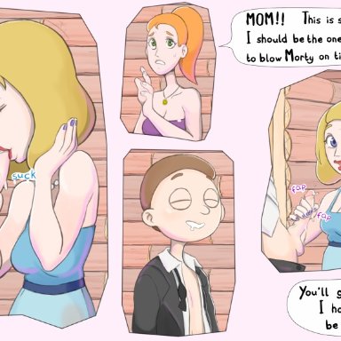 rick and morty, beth smith, morty smith, summer smith, b-intend, 1boy, 2girls, blonde hair, blowjob, blue eyes, breasts, cheating wife, cleavage, dress, fellatio