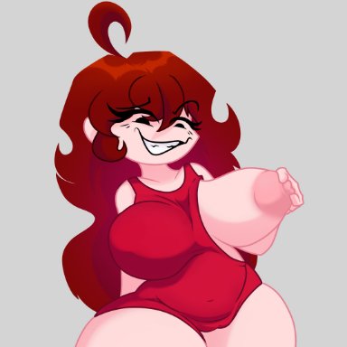 friday night funkin, girlfriend (friday night funkin), liljuliax, mikulazo chan, black eyes, blank background, breast grab, brown hair, cameltoe, chubby, chubby belly, chubby female, grey background, grin, grinning