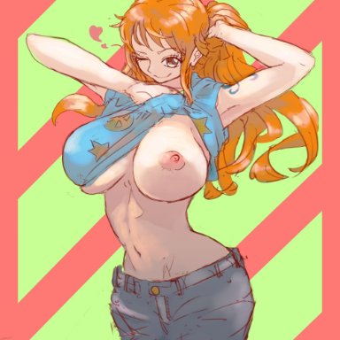 one piece, nami, gura1elizabeth, 1girls, areolae, belly button, big breasts, breast focus, breasts, busty, curvy, exposed breasts, exposing, female, female only