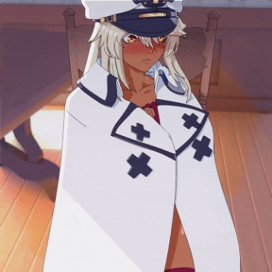 guilty gear, ramlethal valentine, amplected, 1girls, abs, areolae, big breasts, brown skin, curvy, dark skin, dark-skinned female, female only, flashing, looking at viewer, thick thighs