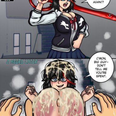 kill la kill, matoi ryuuko, dynamik808, 1boy, 1girls, 5 fingers, alternate breast size, areolae, asian, asian female, big breasts, black hair, blue eyes, blush, blushing