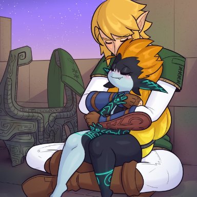 nintendo, the legend of zelda, twilight princess, imp midna, link, link (twilight princess), midna, cobatsart, 1boy, 1girls, blonde hair, blush, closed eyes, couple, crossed legs