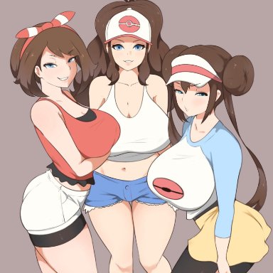 nintendo, pokemon, pokemon bw, pokemon bw2, pokemon oras, pokemon rse, hilda (pokemon), may (pokemon), rosa (pokemon), hannya san, 3girls, aged up, blue eyes, breasts, brown hair