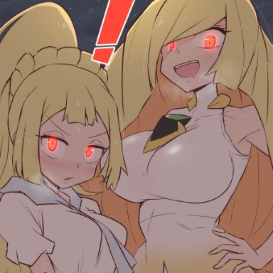 pokemon, pokemon legends: arceus, pokemon sm, lillie (pokemon), lusamine (pokemon), kurachi mizuki, !, 2girls, blonde female, blonde hair, blonde hair female, blush, blush lines, blushed, blushing at viewer