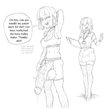 original character, makinakid, 1futa, after sex, balls, big breasts, breasts, bulge, choker, cleavage, clipboard, clothed, clothing, dickgirl, erection