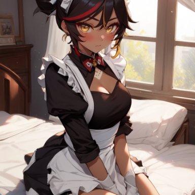 genshin impact, xinyan (genshin impact), stable diffusion, bedroom, black hair, blush, blushing, breasts, clothing, dark skin, dark-skinned female, fully clothed, imminent sex, looking at viewer, maid