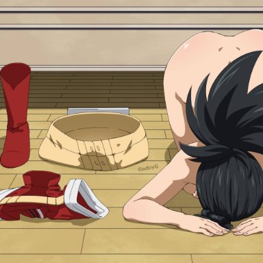 boku no hero academia, my hero academia, shounen jump, creati, momo yaoyorozu, yaoyorozu momo, felipe godoy, 1girls, apologizing, ass, big ass, black hair, clothes, clothes on floor, clothing