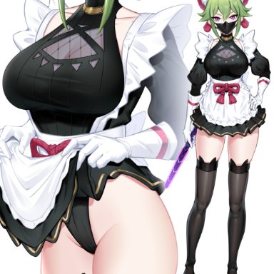 genshin impact, kuki shinobu, 1girls, apron, clothing, dress, dress lift, female, female only, green hair, maid, maid headdress, maid uniform, mask, ninja