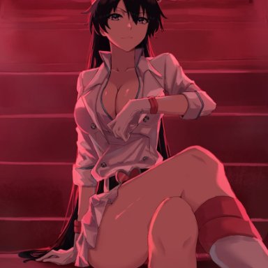 bleach, bambietta basterbine, channyy19, 1girls, black eyes, black hair, boots, breasts, cleavage, closed mouth, collared jacket, crossed legs, feet out of frame, gloves, hair between eyes