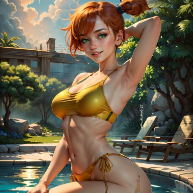 nintendo, pokemon, kasumi (pokemon), hot ai angels, stable diffusion, 1girls, female focus, female only, garter straps, lingerie, orange hair, seductive look, solo female, solo focus, voluptuous