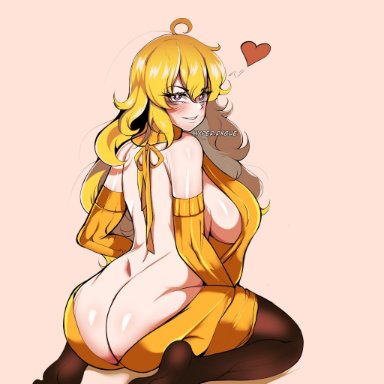 rwby, yang xiao long, hyperrxgue, ass, big breasts, blonde hair, boobs, breasts, female, looking at viewer, on knees, purple eyes, sideboob, smiling at viewer, smirking at viewer