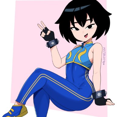 capcom, marvel, marvel comics, spider-man (series), street fighter, chun-li (cosplay), peni parker, postblue98, 1female, 1girls, black hair, bodysuit, breasts, cosplay, female