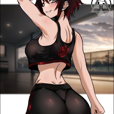 rooster teeth, rwby, ruby rose, dizzle tan, 1girls, ass, big ass, big butt, blush, blushing, blushing at viewer, breasts, butt, from behind, from behind position